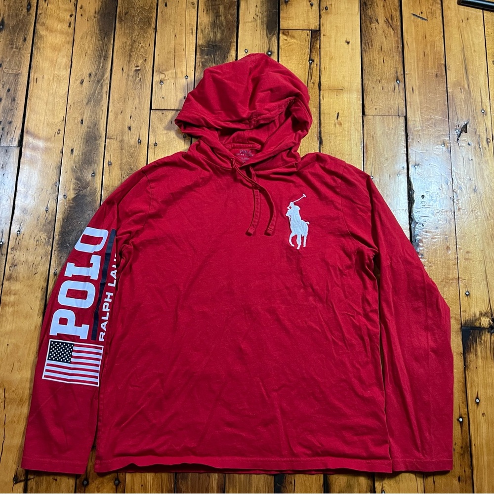 Polo Ralph Lauren Mens Large Big Pony Spellout Logo American Flag Red Hoodie Tee - Picture 2 of 8